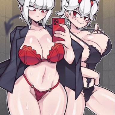 helltaker, beelzebub (helltaker), lucifer (helltaker), dice coffeedox, 2girls, big breasts, black bra, black panties, blinking, bouncing breasts, bra, breast focus, breasts, cleavage, demon