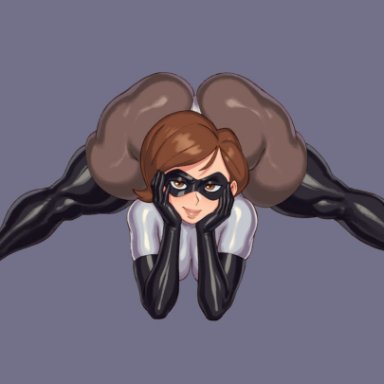 the incredibles, helen parr, rizdraws, brown eyes, brown hair, cartoon moms (rizdraws), elbow gloves, gloves, hanging breasts, huge breasts, latex, latex armwear, latex gloves, latex thighhighs, looking at viewer