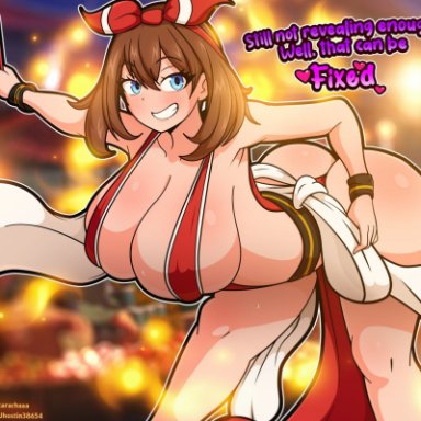 game freak, king of fighters, nintendo, pokemon, pokemon oras, pokemon rse, snk, mai shiranui (cosplay), may (pokemon), cucarachaaa, jhostin38654, 1girls, armpits, ass, bending over