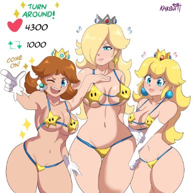 mario (series), nintendo, super mario bros., super mario galaxy, princess daisy, princess peach, princess rosalina, karbuitt, 3girls, bikini, blonde hair, blue eyes, breasts, female, hair over one eye