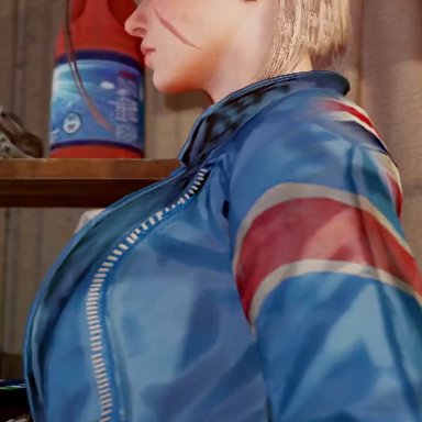 street fighter, street fighter 6, cammy white, yellowbea, big breasts, blonde, blonde hair, blue eyes, blue jacket, british, choker, exhibitionism, exposed breasts, huge breasts, implied incest