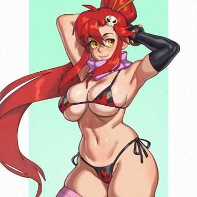 tengen toppa gurren lagann, triggirls (rizdraws), yoko littner, rizdraws, bikini, bikini bottom, hands behind head, latex armwear, long hair, no shorts, red hair, skindentation, smiling, solo, solo female