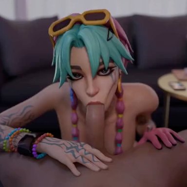 fortnite, fortnite: battle royale, selene (fortnite), 1boy, 1girls, big breasts, blowjob, blue eyes, blue hair, bracelets, choker, clothing, deepthroat, eyewear on head, feet