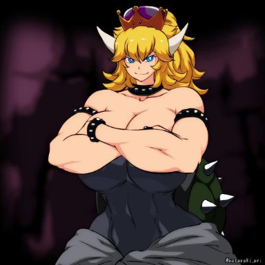 bowsette, hataraki ari, big breasts, blonde hair, breast expansion, breasts bigger than head, evil grin, evil smile, giantess, giantess growth, gigantic breasts, growth, huge breasts, muscle growth, muscular