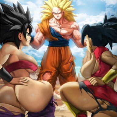 dragon ball, dragon ball super, caulifla, kale, son goku, elitenappa, 1boy, 2girls, abs, anus, ass, biceps, big ass, big breasts, black hair