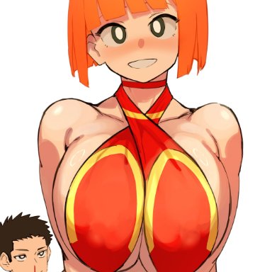 mcdonald's, nuezou, 1boy, 1girls, bare shoulders, big breasts, blush, breasts, embarrassed, female, female focus, female only, head tilt, light-skinned female, looking at viewer