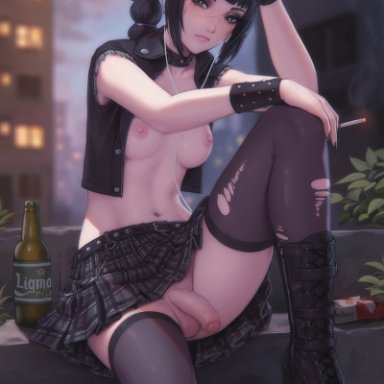 baldur's gate 3, shadowheart, personalami, 1futa, accessory, ankle boots, areolae, balls, bangs, beer bottle, black hair, boots, bottle, bottomless, bottomless futanari