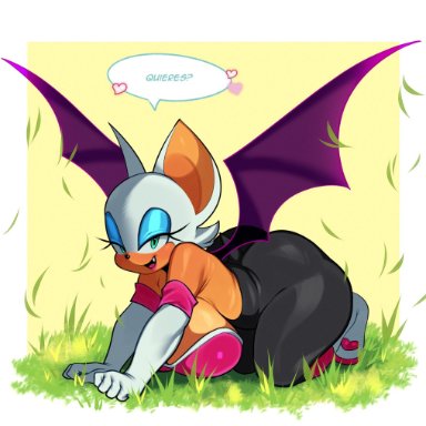 sega, sonic (series), sonic the hedgehog (series), rouge the bat, fiinel, 1girls, anthro, bat, bat wings, bent over, big ass, big breasts, big butt, blue eyeshadow, boots