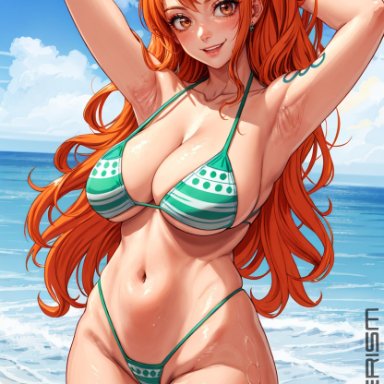 one piece, nami, alterism, big breasts, bikini, bikini bottom, bikini top, breasts, brown eyes, female focus, female only, green bikini, highleg, hourglass figure, large breasts