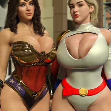 dc, dc comics, superman (series), wonder woman (series), diana prince, kara zor-l, karen starr, power girl, wonder woman, rude frog, 2girls, black hair, blonde hair, blue eyes, breasts