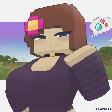 minecraft, jenny belle, exqmaster, slipperyt, big breasts, blue eyes, brown hair, choker, collar, flower, flower in hair, flower on head, flowers, large boobs, large breasts