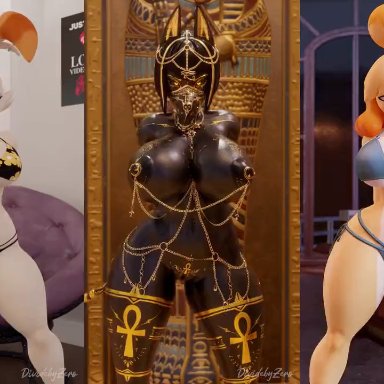 animal crossing, egyptian mythology, nintendo, pokemon, anubis, anubis (bom39), isabelle (animal crossing), pok&#233;mon (species), scorbunny, dividebyzero, 3girls, ankh, anthro, anubian jackal, areolae