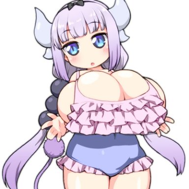 miss kobayashi's dragon maid, kanna kamui, shirogane hakuba, 1girls, alternate breast size, big breasts, blue eyes, breasts, dragon girl, eye contact, female, horns, huge ass, huge breasts, looking at viewer