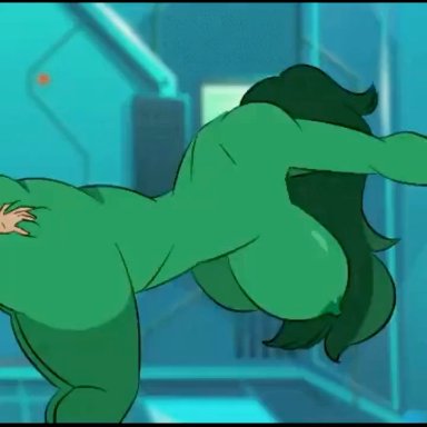 jennifer walters, she-hulk, glassfish, ambiguous penetration, ass grab, ass waves, big areola, big ass, clapping cheeks, from behind position, green skin, hands on wall, indoors sex, long hair, looking pleasured