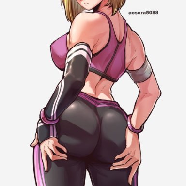 dragon ball, dragon ball z, android 18, aosora5088, 1girls, back, back view, big ass, big breasts, blonde hair, blue eyes, fat ass, female, gym clothes, looking at viewer