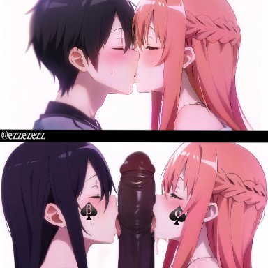 sword art online, beta, kirito, yuuki asuna, ezzezezz, 1girls, before and after, beta of spades, big penis, both sexes in same situation, cuckold, dark skin, dark-skinned male, fellatio, female