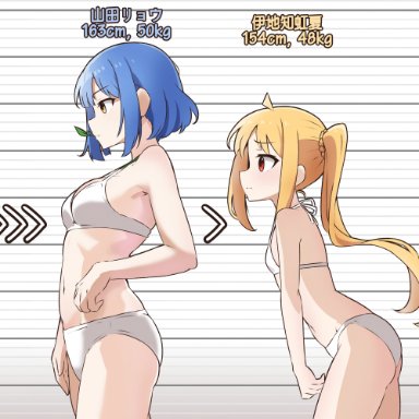 bocchi the rock!, gotou hitori, ijichi nijika, kita ikuyo, yamada ryou, amogan, :(, 4girls, ahoge, aqua eyes, bare shoulders, belly, big breasts, blue hair, blush