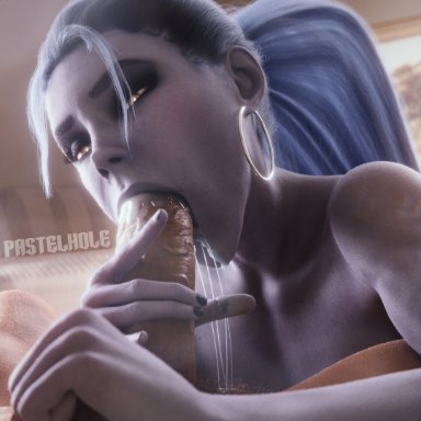 overwatch, overwatch 2, widowmaker, pastelhole, 1boy, 1boy1girl, 1girl1boy, big penis, blowjob, brown eyes, cum, cum in mouth, earrings, fellatio, female