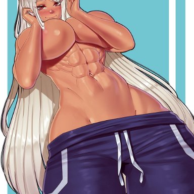 my hero academia, miruko, rumi usagiyama, pashapencil, abs, arms covering nipples, athletic female, big breasts, bunny ears, cute, dark-skinned female, looking at viewer, muscular female, no shirt