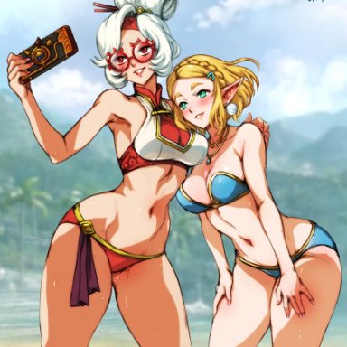 nintendo, tears of the kingdom, the legend of zelda, princess zelda, purah, purah (tears of the kingdom), zelda (tears of the kingdom), minacream, 2girls, beach, bikini, blonde hair, breasts, glasses, green eyes