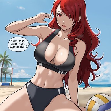 atlus, persona, persona 3, mitsuru kirijo, lepypepy, 1girls, breasts, cleavage, female, hair over one eye, large breasts, light skin, light-skinned female, long hair, outdoors