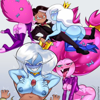 adventure time, candy queen, ice queen, simon petrikov, littlewitchnsfw, 1boy, 2girls, anus, areolae, ass, big breasts, biting lip, black hair, blue body, blue skin