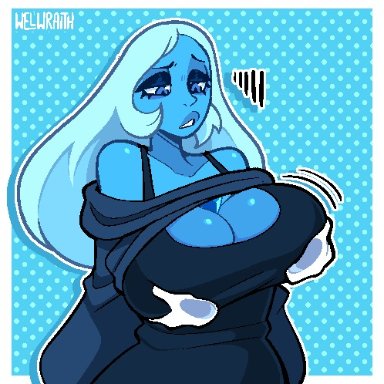 cartoon network, steven universe, blue diamond (steven universe), diamond authority, gem (species), inkplasm, welwraith, !, !!, blue background, blue eyes, blue skin, breasts, cleavage, clothing cutout