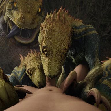capcom, monster hunter, jagras, wiggler, ivorylagiacrus, thepasserbye, ambiguous gender, ambiguous on human, ball lick, balls, belly, big belly, body part in mouth, claws, closed eyes