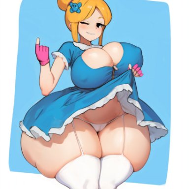 brawl stars, supercell, piper (brawl stars), monochrome ai, 1girls, big breasts, big nipples, blonde hair, boob window, busty, clothed, clothed female, clothing, curvaceous, curvy