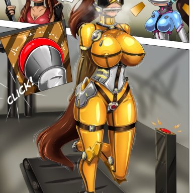 activision, blizzard entertainment, overwatch, brigitte, d.va, rosvo, 1girls, before and after, bit gag, black corset, bodysuit, bondage, bondage hood, breasts, brown hair