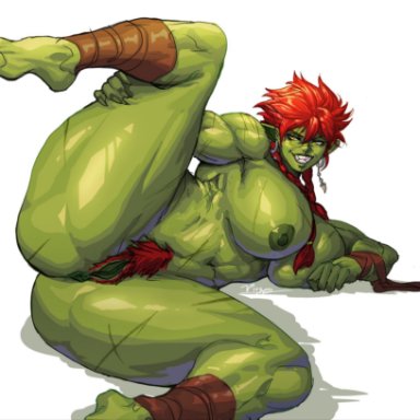 bula (virgoart1509), original character, virgoart1509, 1girls, big ass, green skin, muscular, muscular female, muscular thighs, nude, nude female, orc female, red hair