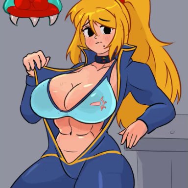 fallout, metroid, metroid (creature), samus aran, c starlett, 1girls, abs, alien, big breasts, black eyes, blonde hair, blush, bra, breasts, breathing