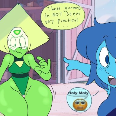 cartoon network, soyjak, steven universe, gem (species), lapis lazuli (steven universe), peridot (steven universe), rubberlemtoons (artist), leotard, thick thighs, meme, text