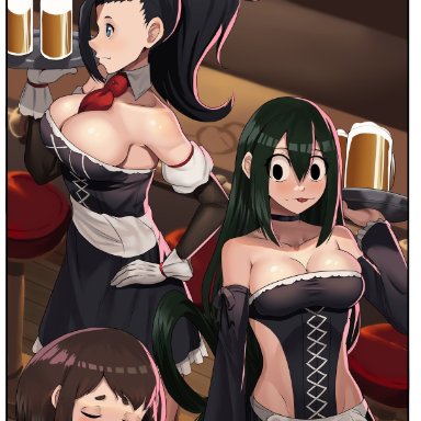 my hero academia, momo yaoyorozu, ochako uraraka, tsuyu asui, nico-mo, maid uniform, skimpy clothes