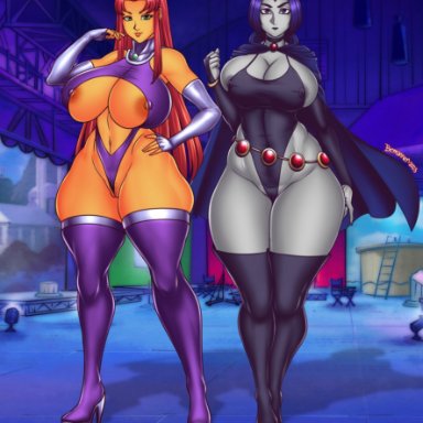 cartoon network, dc, dc comics, teen titans, raven (dc), starfire, bemannen, 2girls, alien, alien girl, belt, big breasts, boots, bracelet, breasts