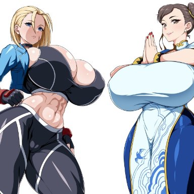 capcom, street fighter, street fighter 6, cammy white, chun-li, jabara tornado, 2girls, abs, alternate breast size, black hair, blonde hair, bracelet, breasts, breasts bigger than head, china dress