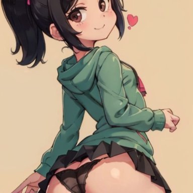 disney, wreck-it ralph, vanellope von schweetz, aig1587, ass focus, big ass, big butt, big thighs, black hair, black panties, black skirt, black stockings, brown eyes, female, female only