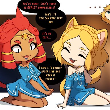 tears of the kingdom, the legend of zelda, gerudo, hylian, link (tears of the kingdom), princess zelda, riju, zelda (tears of the kingdom), kinkymation, ..., 1boy, 2girls, blonde hair, dark skin, dark-skinned female