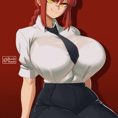 chainsaw man, makima (chainsaw man), mai munah, bra, bra visible through clothes, breasts, breasts bigger than head, clothed, clothing, fully clothed, large breasts, looking at viewer, red hair, yellow eyes
