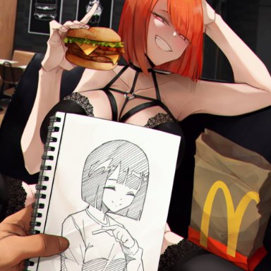 mcdonald's, inkspirate, 1girls, alternate breast size, bare shoulders, black bra, black legwear, bob cut, bra, burger, cleavage, grin, half-closed eyes, hand on head, head on hand