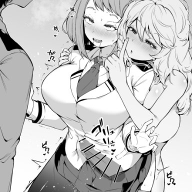 boku no hero academia, hagakure tooru, midoriya izuku, uraraka ochako, makin tama, 1boy, 1futa, 1girls, ahe gao, ascot, big breasts, big penis, blazer, blush, breasts