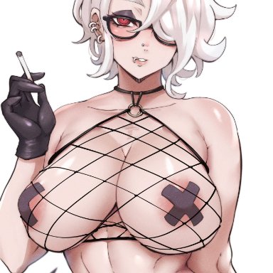 helltaker, zdrada (helltaker), misumismith9082, sumiosmith, 1girls, areola, areola slip, belly, belly piercing, big breasts, black gloves, black horns, black pasties, breasts, cigarette