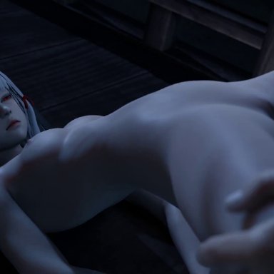 fatal frame, shiragiku (fatal frame), lazyprocrastinator, 1boy, 1girls, breasts, missionary position, nude, red eyes, vaginal penetration, white hair, 3d, animated, blender (software), tagme