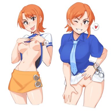 one piece, nami, nami (one piece), rob ishi, blue shirt, breasts, clothes lift, cropped legs, female, female pubic hair, freeblue necktie, grin, heart, large breasts, miniskirt