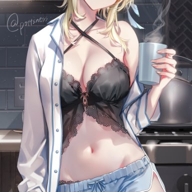 genshin impact, lumine (genshin impact), pottsness, coffee, coffee mug, denim shorts, drowsy, eyebags, kitchen, large breasts, messy hair, nightgown, open shirt, panties, signature