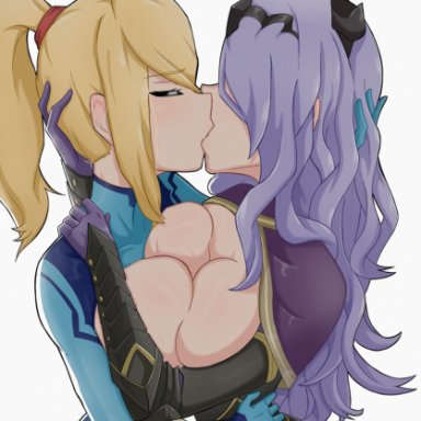 fire emblem, fire emblem fates, metroid, nintendo, camilla (fire emblem), samus aran, zero suit samus, kagironsfw, 2girls, blonde hair, breast press, breasts, breasts out, cleavage, closed eyes