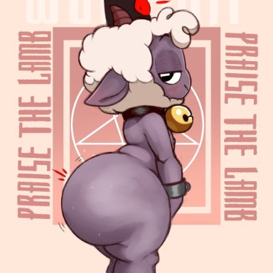 cult of the lamb, lamb (cult of the lamb), red crown (cult of the lamb), aer0 zer0, anthro, anthro only, armwear, ass, bedroom eyes, bell collar, big ass, big butt, black body, blush, bottom heavy