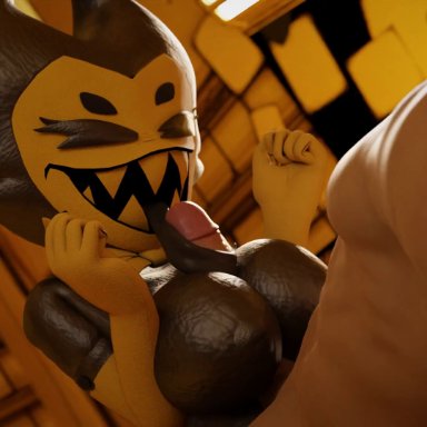 bendy and the ink machine, bendy, bendy fem, darling (cally3d), cally3d, renpage, 1boy1girl, 5 fingers, areola, big breasts, big penis, black areola, black body, black eyebrows, black eyes