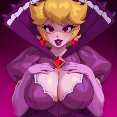 mario (series), nintendo, paper mario, princess peach, shadow peach, shadow queen, rizdraws, 1girls, blonde hair, breasts, cleavage dress, clothed, clothing, crown, dick sucking lips