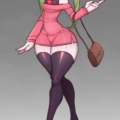 gardevoir, male gardevoir, inkbuns, 1boy, bulge, chest spike, curvy, femboy, girly, green hair, handbag, male, male only, red eyes, thick thighs